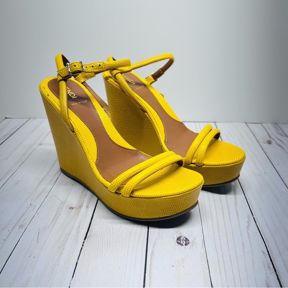 Fendi NEW WITHOUT BOX Yellow Wedge Sandals Size 36.5 - Picture 2 of 14